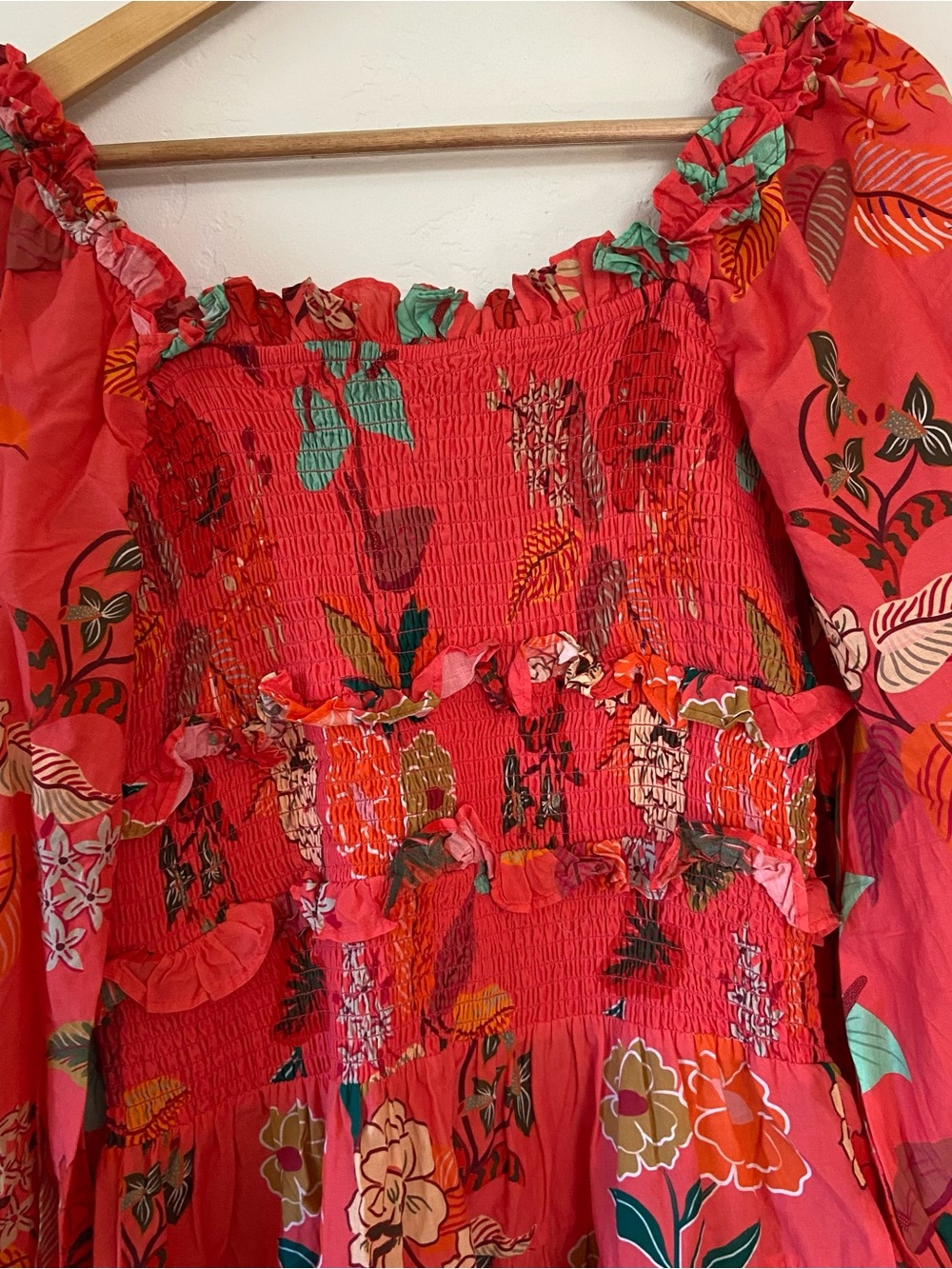 Farm Rio x Anthropologie Smocked Ruffle Mini Dress Coral - Picture 11 of 12